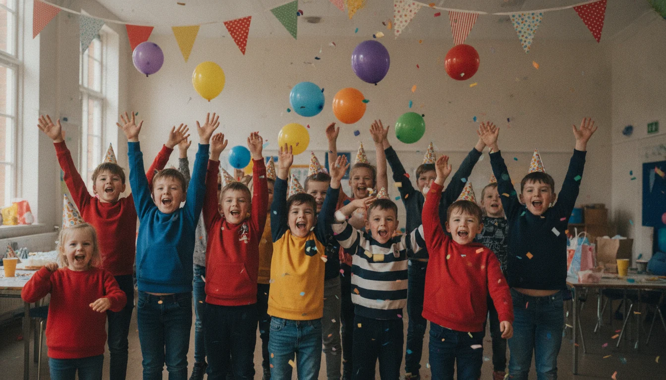 A children's birthday party in Brighton & Sussex with colourful balloons, bunting and a birthday cake